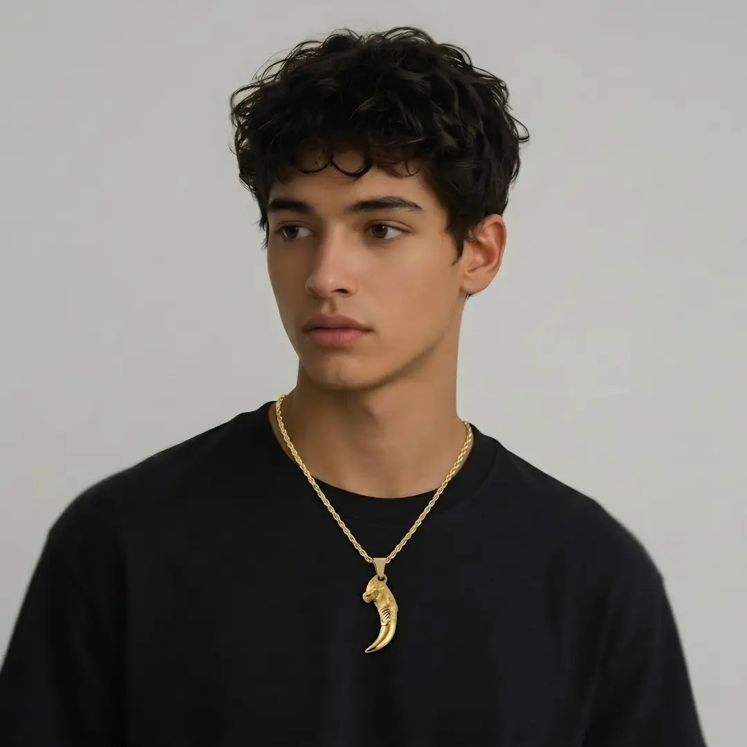 18K Gold Filled Lion Head Claw Tooth Pendant Necklace – Sculpted Animal Fang Rope Chain Necklace for Men & Women